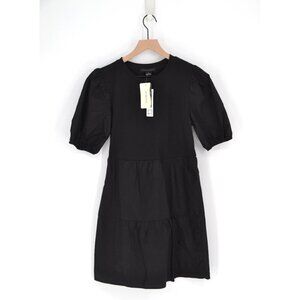 NEW Sanctuary Poplin Mix Dress Black S Tiered Puff Sleeve Solid Mini Cotton